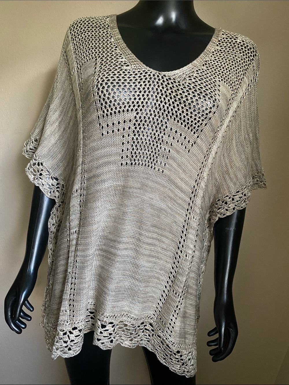 Democracy Open-Knit Crochet-Trim Poncho Sweater in Taupe